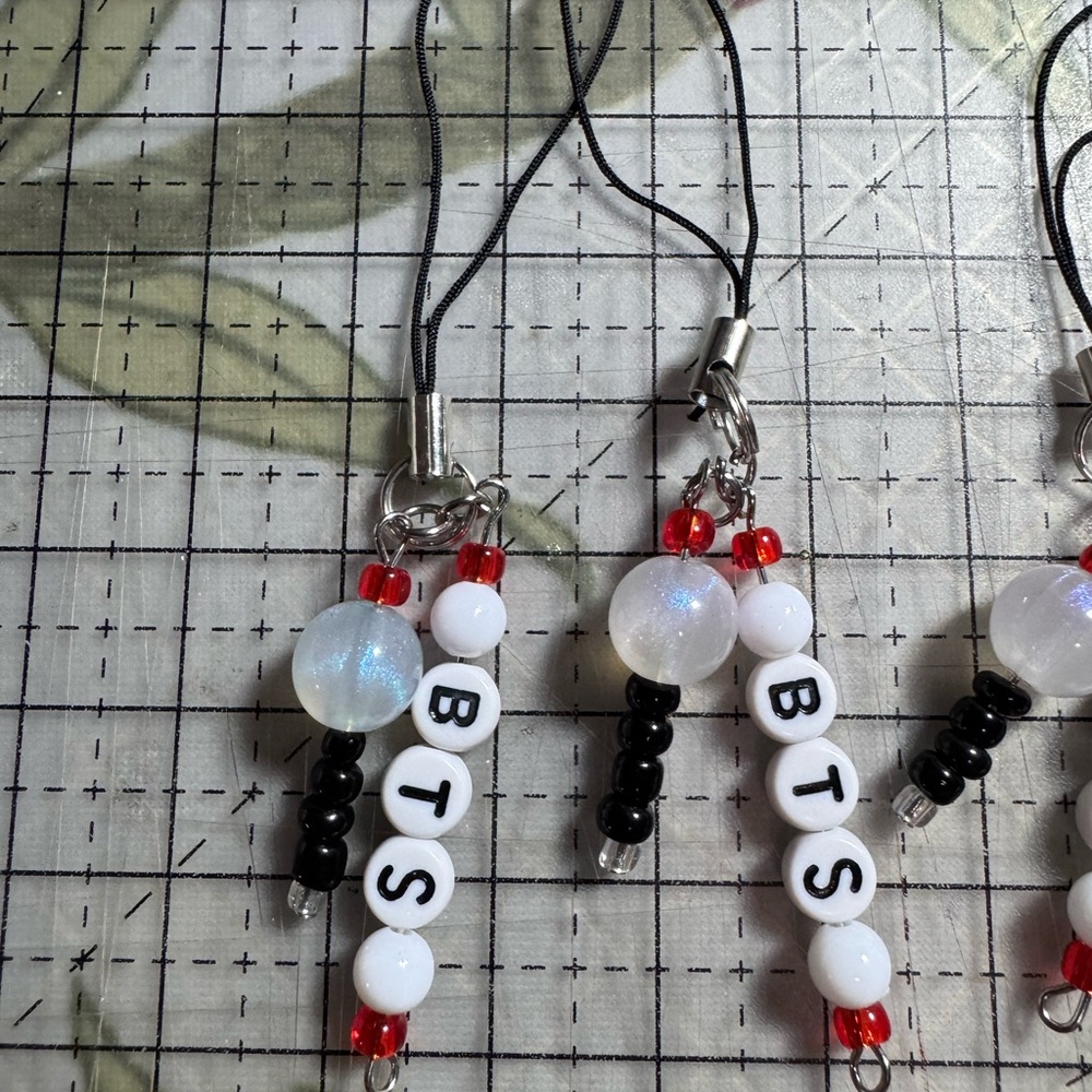 BTS Beaded Phone Charm in White, Black & Red